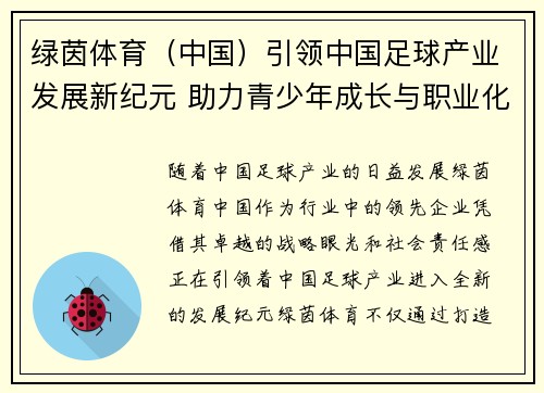 绿茵体育（中国）引领中国足球产业发展新纪元 助力青少年成长与职业化进程